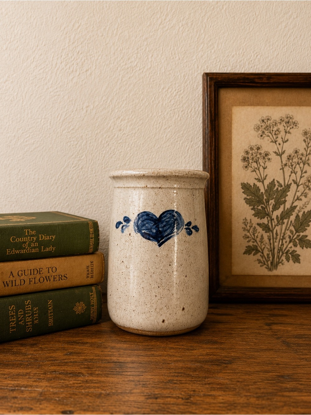 Handmade Blue Heart Stoneware Crock | Signed Pottery Vase
